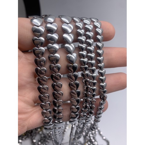 Каменные бусины, Гематит синтетический, серебро, сердечки объемные, 8 мм, длина нити 38 см