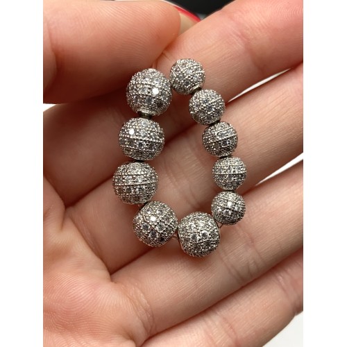 Бусина со стразами(цирконами), латунь, цвет родий(серебро), 8 мм