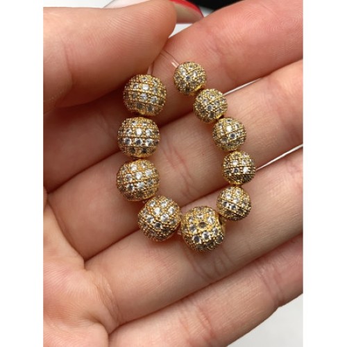 Бусина со стразами (цирконами), латунь, цвет золото, 10 мм