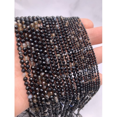 Каменные бусины, Агат чёрный, с полосками, шарик огранка, 2 мм, длина нити 38 см