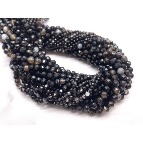 Каменные бусины, Агат чёрный, с полосками, шарик огранка, 3 мм, длина нити 38 см