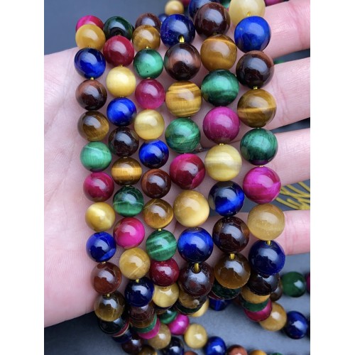 Каменные бусины, Тигровый микс, тонированный, шарик гладкий, 10 мм, длина нити 38 см