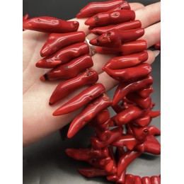 Каменные бусины, Коралл, красный, тонированный, Фриформы, "перец", 35х9 мм, длина нити 38 см