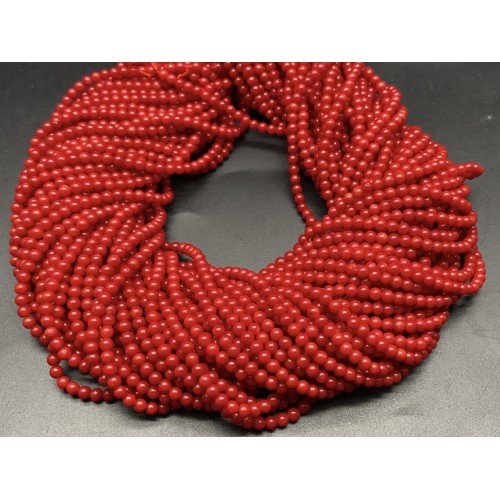 Каменные бусины, Коралл, красный, тонированный, шарик гладкий, 4 мм, длина нити 38 см