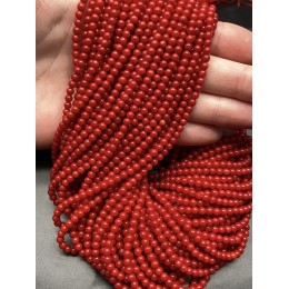 Каменные бусины, Коралл, красный, тонированный, шарик гладкий, 4 мм, длина нити 38 см