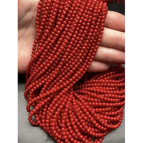 Каменные бусины, Коралл, красный, тонированный, шарик гладкий, 2,8-3 мм, длина нити 38 см