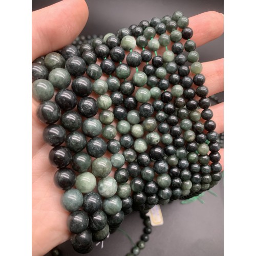 Каменные бусины, Серафинит, Клинохлор, шарик гладкий, 6 мм, длина нити 38 см