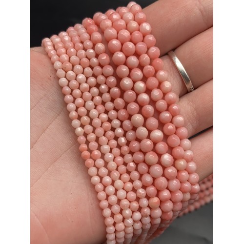 Каменные бусины, Коралл, розовый, шарик огранка, 3 мм, длина нити 38 см