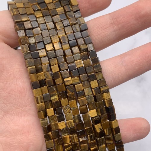 Каменные бусины, Тигровый глаз, кубик гладкий, 4х4 мм, длина нити 38 см