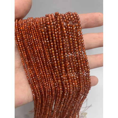 Каменные бусины, Цирконий кубический, (т.н. Циркон), темно-оранжевый кристалл, шарик, огранка, 2 мм, длина нити 38 см