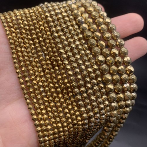 Каменные бусины, Гематит синтетический, золото, шарик огранка, размер 4 мм, нить 38 см