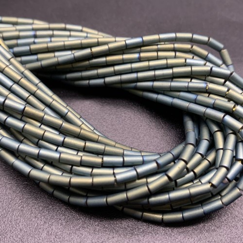 Каменные бусины, Гематит синтетический, зеленый, матовый, трубочки, размер 4х2 мм, нить 38 см