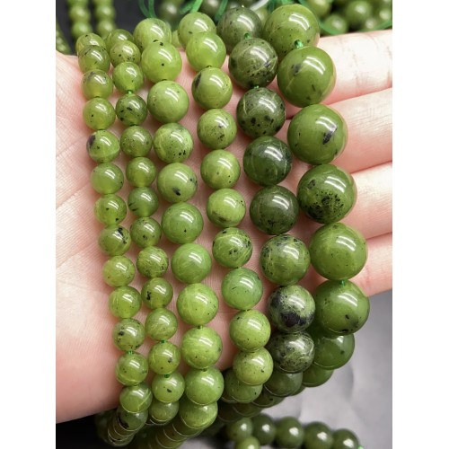 Каменные бусины, Нефрит, канадский, ЛЮКС, 10 мм, шарик гладкий, длина нити 38 см