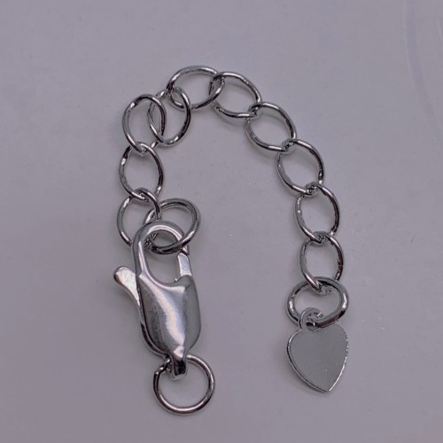 Карабин, замочек, плоский, родий/латунь, под серебро, 12 мм, с удлинителем 50 мм, подвеска сердечко, цена за 1 шт