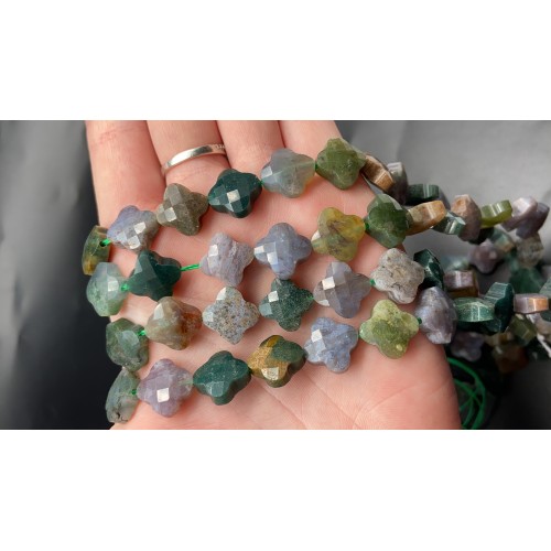 Каменные бусины, Яшма, индийская, зелёная, клевер, в огранке, 13х6 мм, длина нити 38 см, 30 бусин