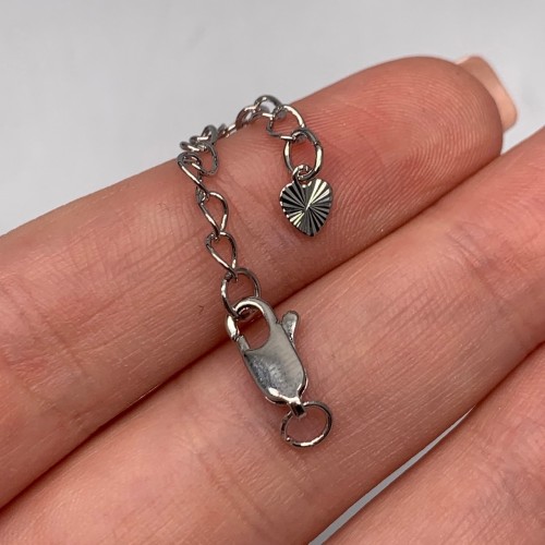 Карабин, замочек, плоский, родий/латунь, под серебро, 12 мм, с удлинителем 50 мм, подвеска сердечко, цена за 1 шт