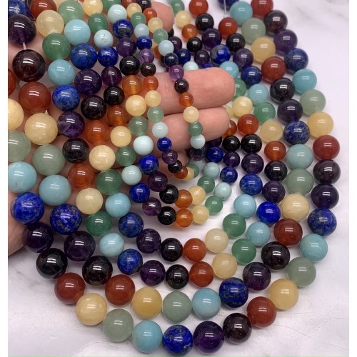 Каменные бусины, Микс камней, "7 ЧАКР", шарик гладкий, 8 мм, длина нити 38 см