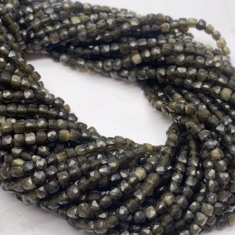 Каменные бусины, Золотой Обсидиан, кубик, ювелирная огранка, 2х2 мм, длина нити 38 см