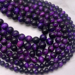 Каменные бусины, Тигровый глаз, тонированный, фиолетовый, шарик гладкий, 10 мм, длина нити 38 см