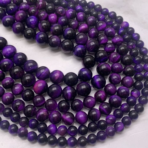 Каменные бусины, Тигровый глаз, тонированный, фиолетовый, шарик гладкий, 10 мм, длина нити 38 см