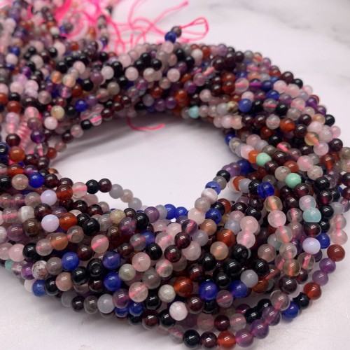 Каменные бусины, Микс камней, шарик гладкий, 4 мм, длина нити 38 см