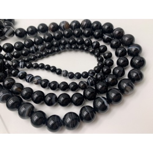 Каменные бусины, Агат, чёрный, с полосками, шарик гладкий, 6 мм, длина нити 38 см