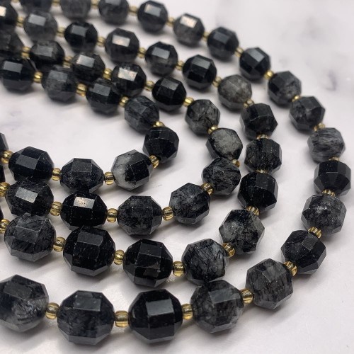 Каменные бусины, Шерл (Турмалин черный) с включениями Кварца, ювелирная огранка, 10х9 мм, длина нити 38 см