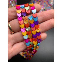 Каменные бусины, Перламутр, "Сердечки", микс, тонированный, 7 мм, длина нити 38 см