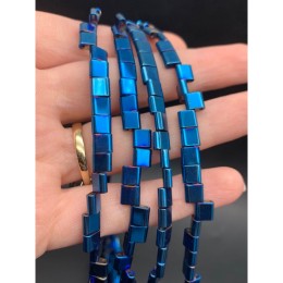 Каменные бусины, Гематит синтетический, синий, плоский квадрат (два отверстия), размер 6х6 мм, нить 38 см