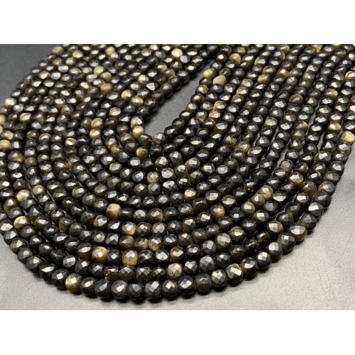 Каменные бусины, Обсидиан, золотой, кубик огранка, 4,5х4,5 мм, длина нити 38 см