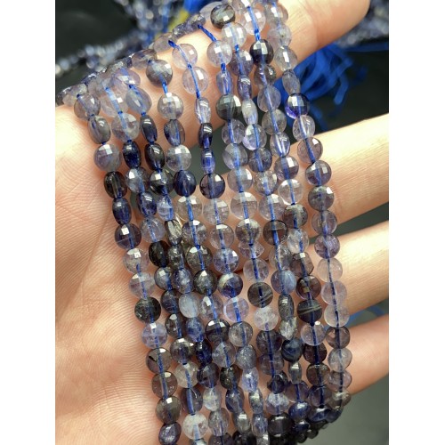 Каменные бусины, Иолит, Водяной Сапфир, монетка, огранка, 4х2,5 мм, длина нити 38 см