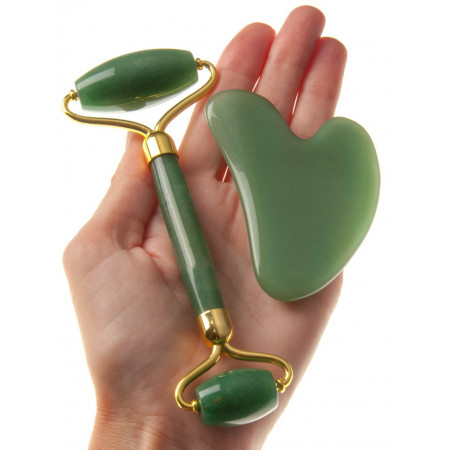 Набор из зеленого авантюрина. Роллер-массажер люкс + скребок "Сердце" для массажа Гуаша, 145х55х20 мм